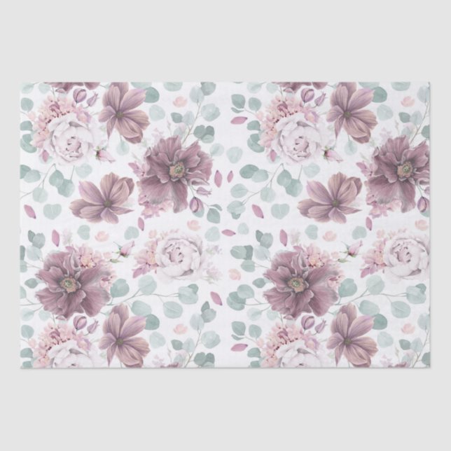 Mauve Flowers and Greenery Elegant Tissue Paper (Front)