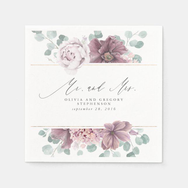 Mauve Flowers Elegant Botanical Mr and Mrs Napkin (Front)