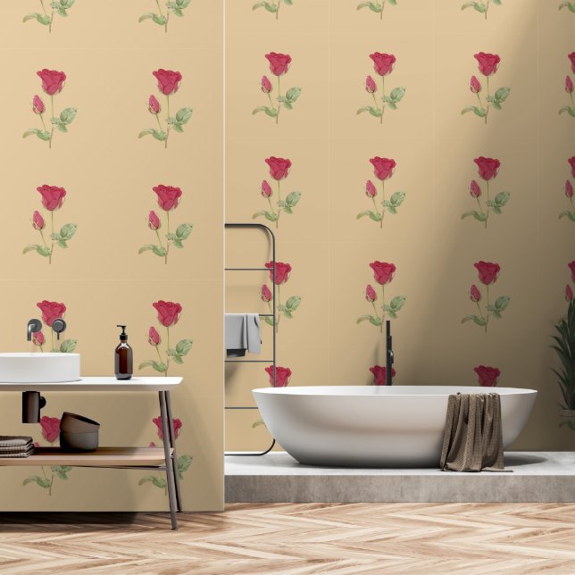 Mauve Flowers on Beige  Wallpaper (Bathroom)