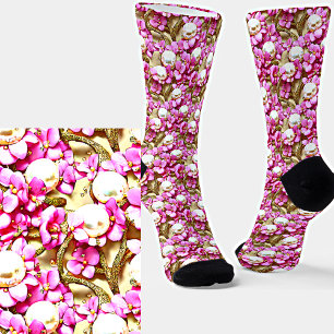 Mauve Flowers White Pearls Gold Stems  3D Effect   Socks
