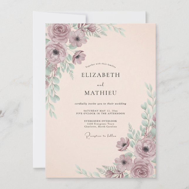 Mauve Gentle Blossom Romance Wedding Invitation (Front)