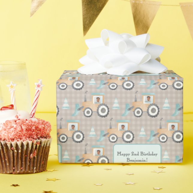 Mauve Gingham Plaid Farm Tractor Photo Name  Wrapping Paper (Birthday Party)