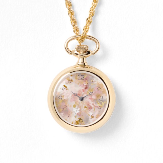 Mauve & Gold Floral Abstract Necklace Watch (Front)