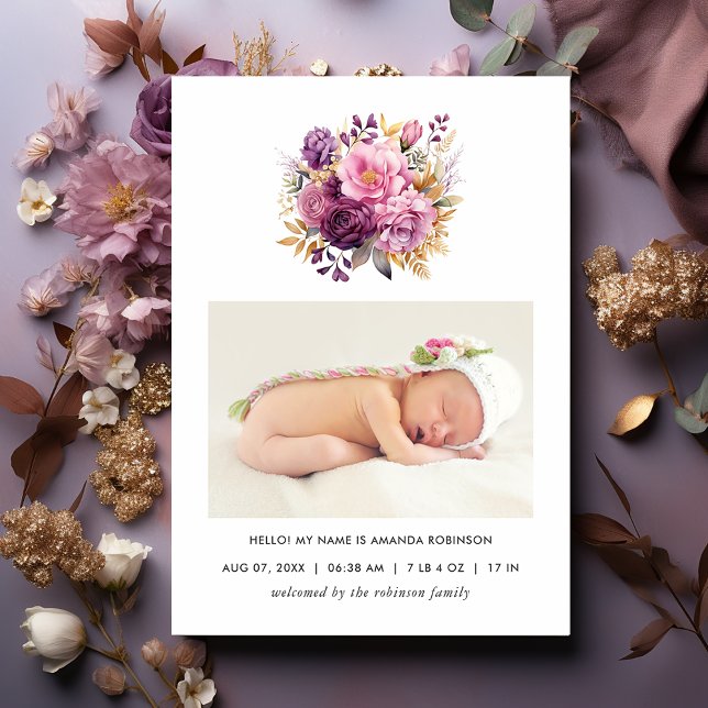 Mauve & Gold Floral Birth Announcement Photo Card (Creator Uploaded)