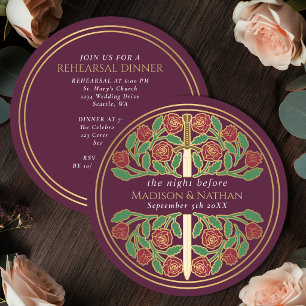 Mauve Gold Floral Sword Royal Wedding Rehearsal Invitation