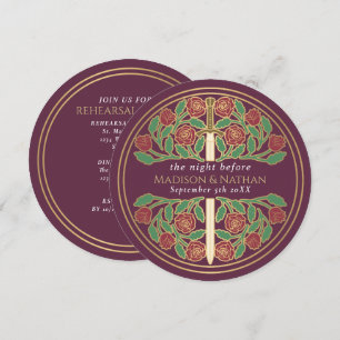 Mauve Gold Floral Sword Royal Wedding Rehearsal  Invitation