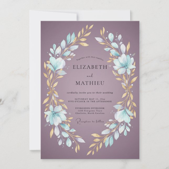 Mauve Gold Wreath Wedding Invitation (Front)