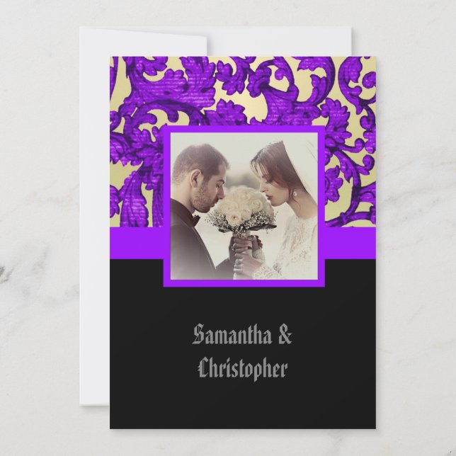 Mauve Gothic damask wedding photo invitation (Back)