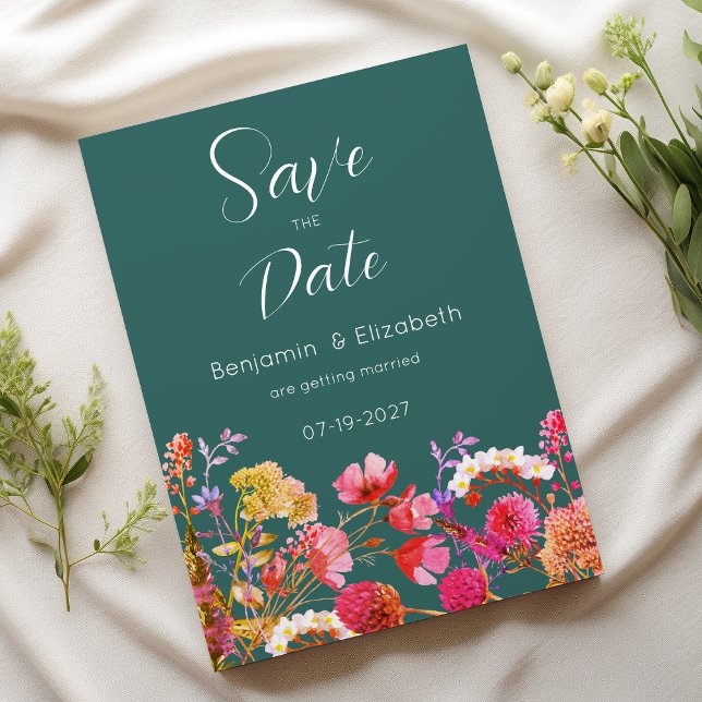 Mauve green orange pink yellow flora Save the Date Invitation (Mauve green orange pink yellow flora Save the Date)