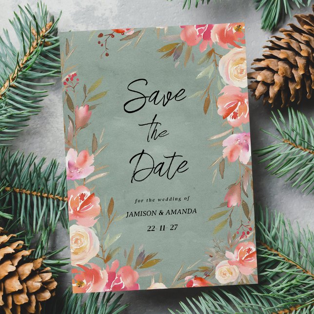Mauve green pink ivory winter floral Save The Date Invitation (Mauve green pink ivory winter floral Save The Date )