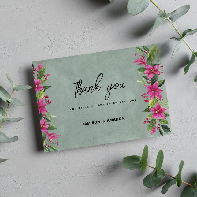 Mauve green pink winter floral Christmas Thank You Invitation (Mauve green pink winter floral Christmas Thank You )