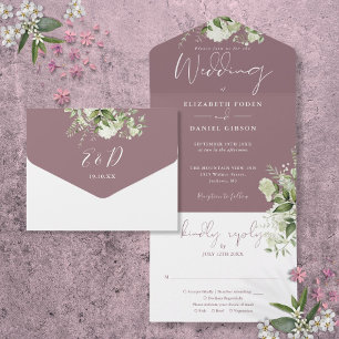 Mauve Greenery Floral Monogram Wedding All In One Invitation