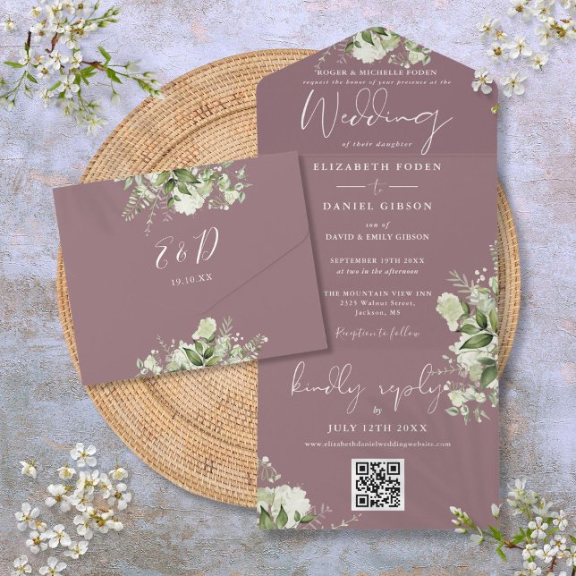 Mauve Greenery QR Code Formal Wedding All In One Invitation (Mauve Greenery QR Code Formal Wedding All In One Invitation)