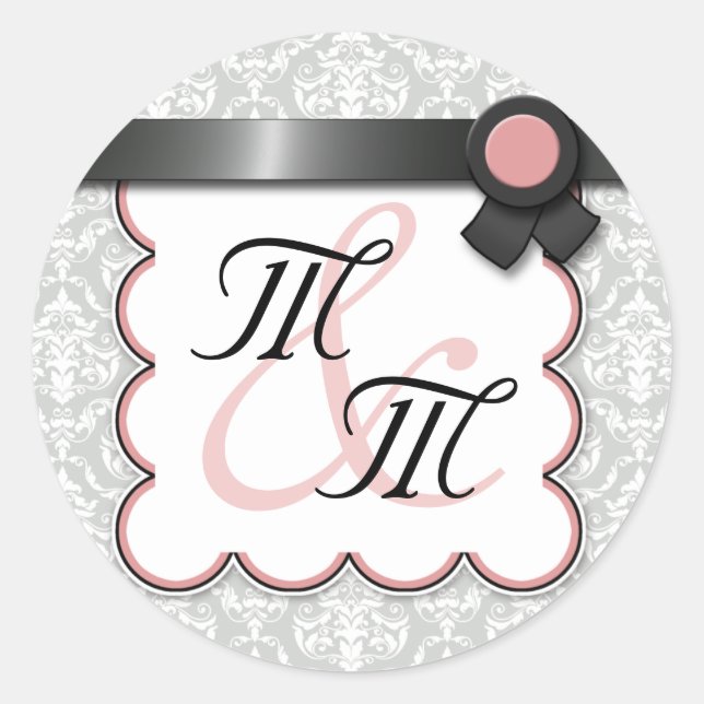 Mauve & Grey Damask Double Monogram Stickers (Front)