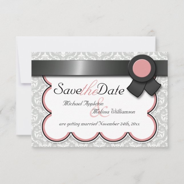 Mauve & Grey Damask Save the Date Announcements (Front)