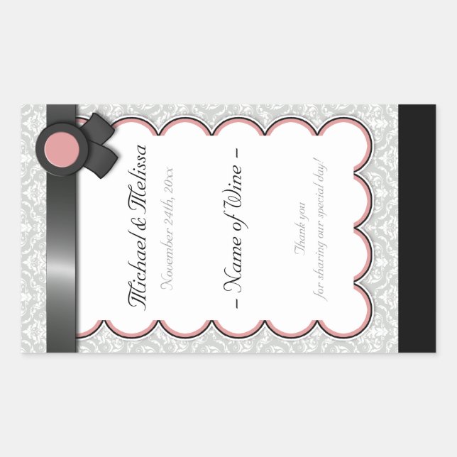 Mauve & Grey Damask Wedding Wine Bottle Labels (Front)
