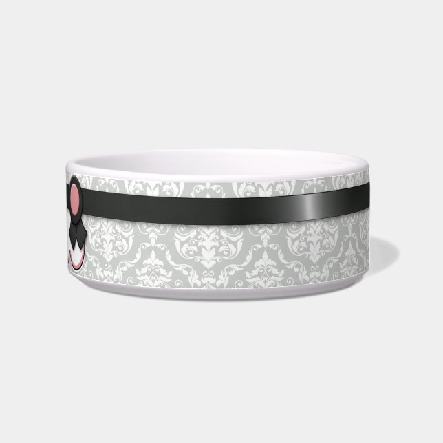 Mauve & Grey Ribbon Design Damask Cat Bowl (Right)