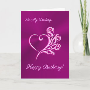 Mauve Heart and Roses, Romantic Happy Birthday Card