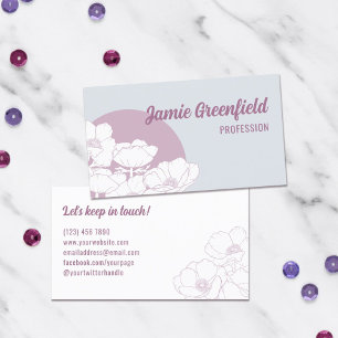 Mauve Ice Grey White Anemones Line Art Business Card