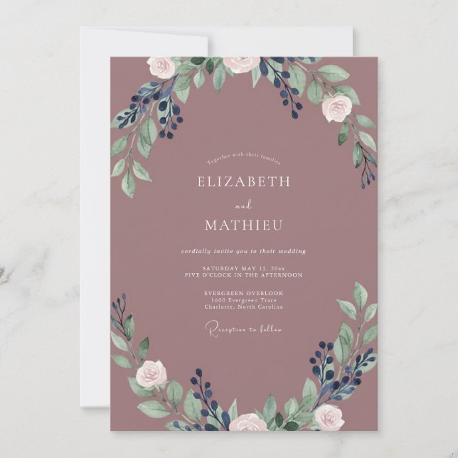 Mauve Indigo Leafy Wedding Invitation (Front)