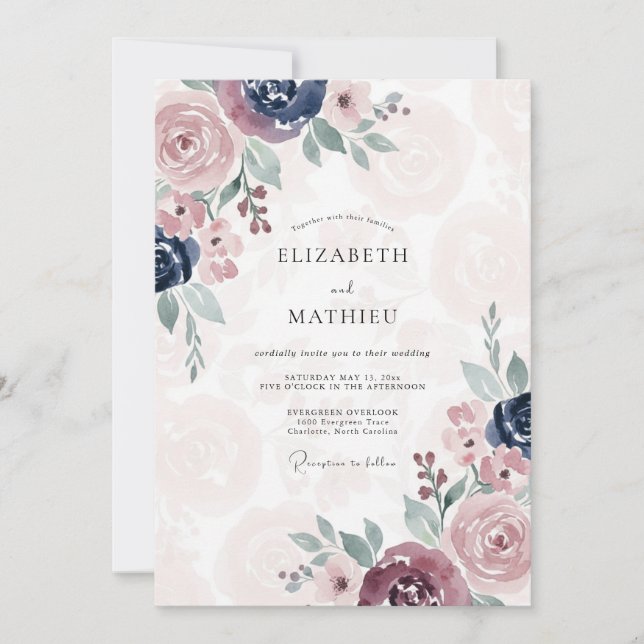 Mauve Indigo Peony Wedding Invitation (Front)