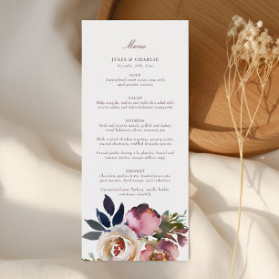 Mauve Indigo Watercolor Rose Wedding Menu