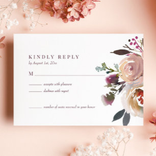 Mauve Indigo Watercolor Rose Wedding RSVP Card