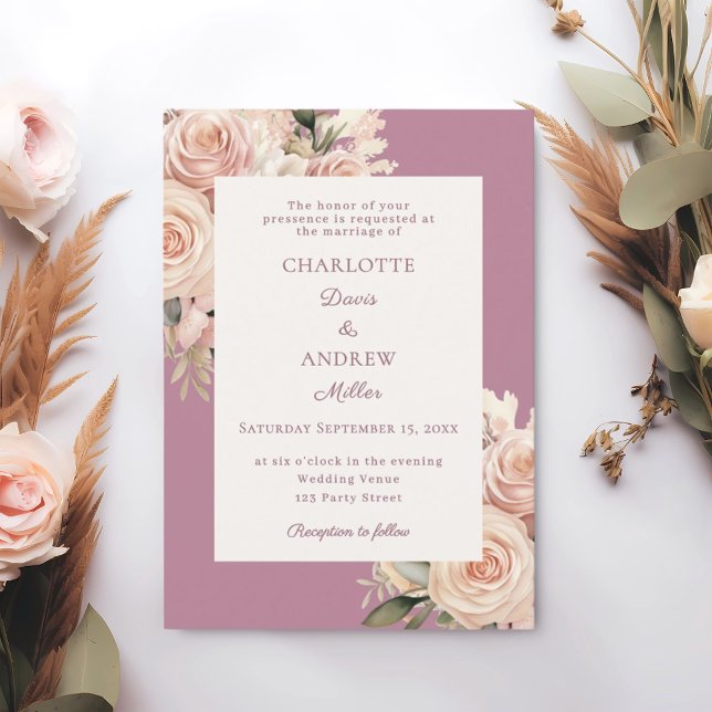 Mauve ivory dusty rose florals wedding invitation (Creator Uploaded)