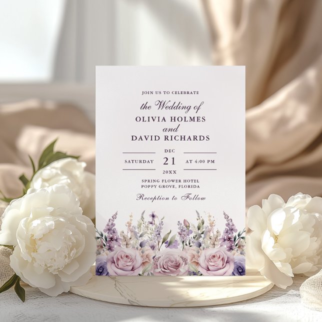 Mauve Lilac Floral Wedding Invitation (Rustic Lilac and Mauve Floral Wedding Invitation on a boho table with white peonies.)