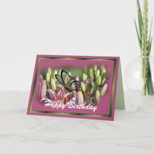 Mauve Lily with black lace butterrfly- customise Card