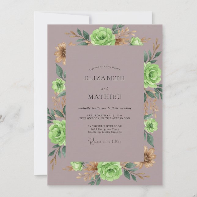 Mauve Lime Peony Wedding Invitation (Front)
