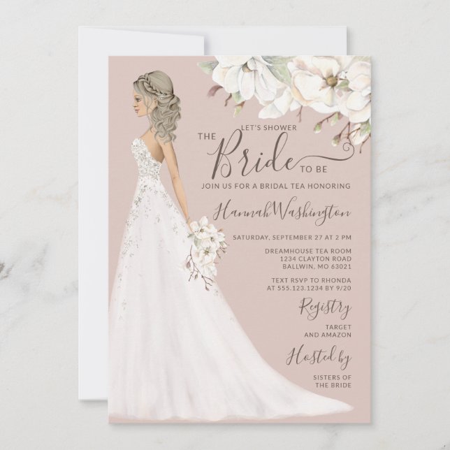 Mauve Magnolia Bride in Glitter Gown Bridal Tea Invitation (Front)