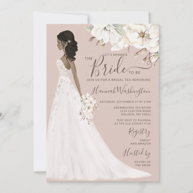 Mauve Magnolia Bride in Glitter Gown Bridal Tea Invitation (Front)