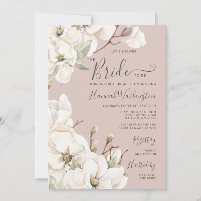 Mauve Magnolia Flower Bridal Tea  Invitation (Front)