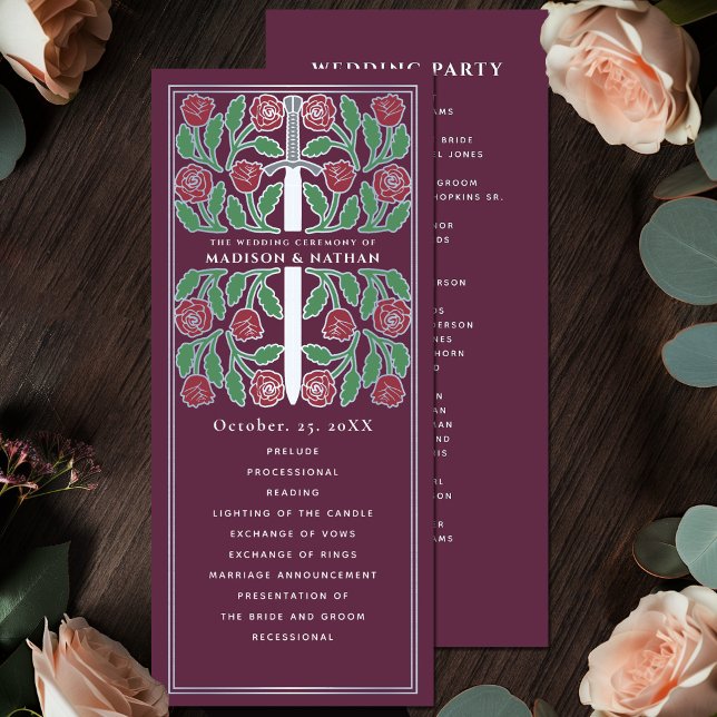 Mauve Mediaeval Floral Silver Sword Royal Wedding Program (Creator Uploaded)