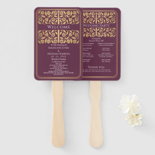 Mauve Mediaeval Gold Sword Royal Wedding Program Hand Fan