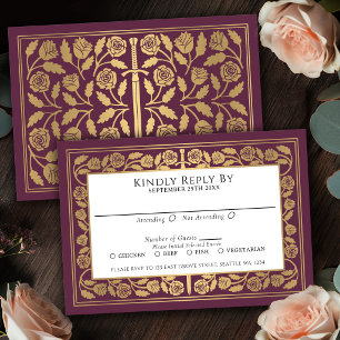 Mauve Mediaeval Gold Sword Royal Wedding RSVP Card