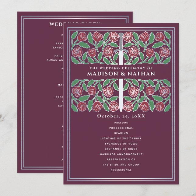 Mauve Mediaeval Silver Floral Sword Royal Wedding Program (Front/Back)