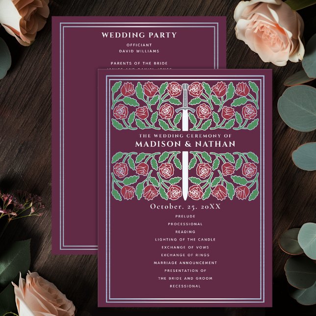 Mauve Mediaeval Silver Floral Sword Royal Wedding Program (Creator Uploaded)