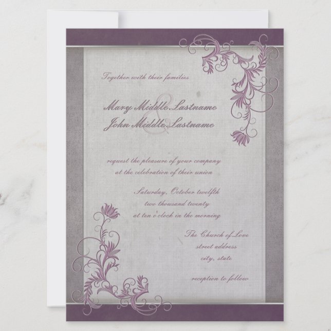 Mauve Metallic Effect Floral Border Changeable BG Invitation (Front)
