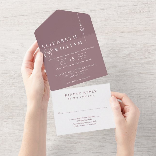 Mauve Minimalist Elegant Monogram Wedding All In One Invitation (Tearaway)