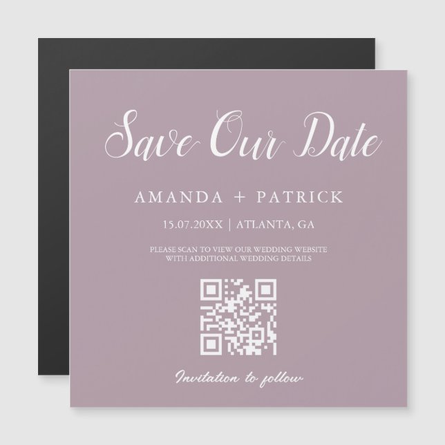 Mauve Minimalist QR Code Save The Date Magnet (Front/Back)