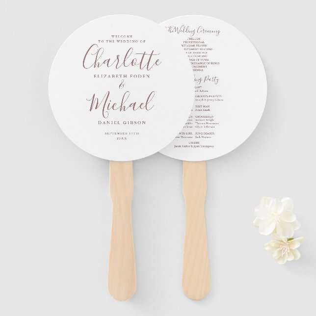 Mauve Minimalist Wedding Program Hand Fan (Front and Back)