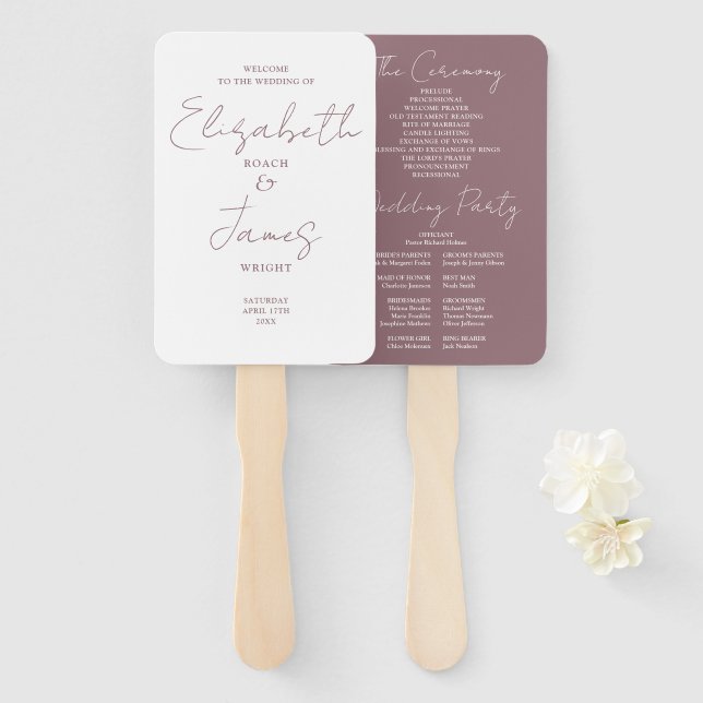 Mauve Modern Minimalist Script Wedding Program Hand Fan (Front and Back)