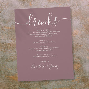 Mauve Modern Script Wedding Drinks Menu