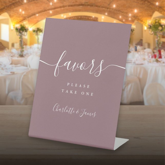 Mauve Modern Script Wedding Favors Table Pedestal Sign (Mauve Modern Script Wedding Favors Table Pedestal Sign)