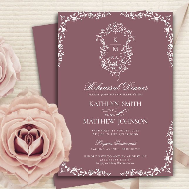 Mauve Monogram Vintage Crest Rehearsal Dinner Invitation (Creator Uploaded)