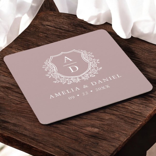 Mauve Monogram Wedding Floral Crest Elegant Square Paper Coaster (Creator Uploaded)