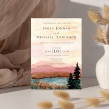Mauve Mountain Lake Watercolor Wedding Invitation