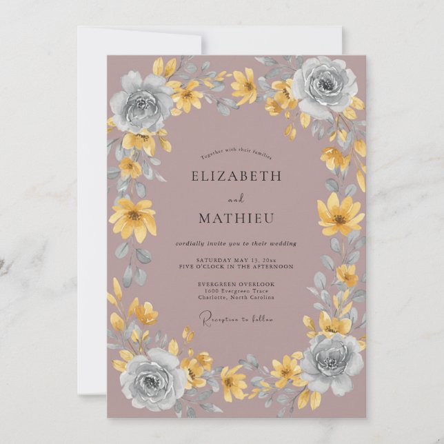 Mauve Mustard Wreath Wedding Invitation (Front)